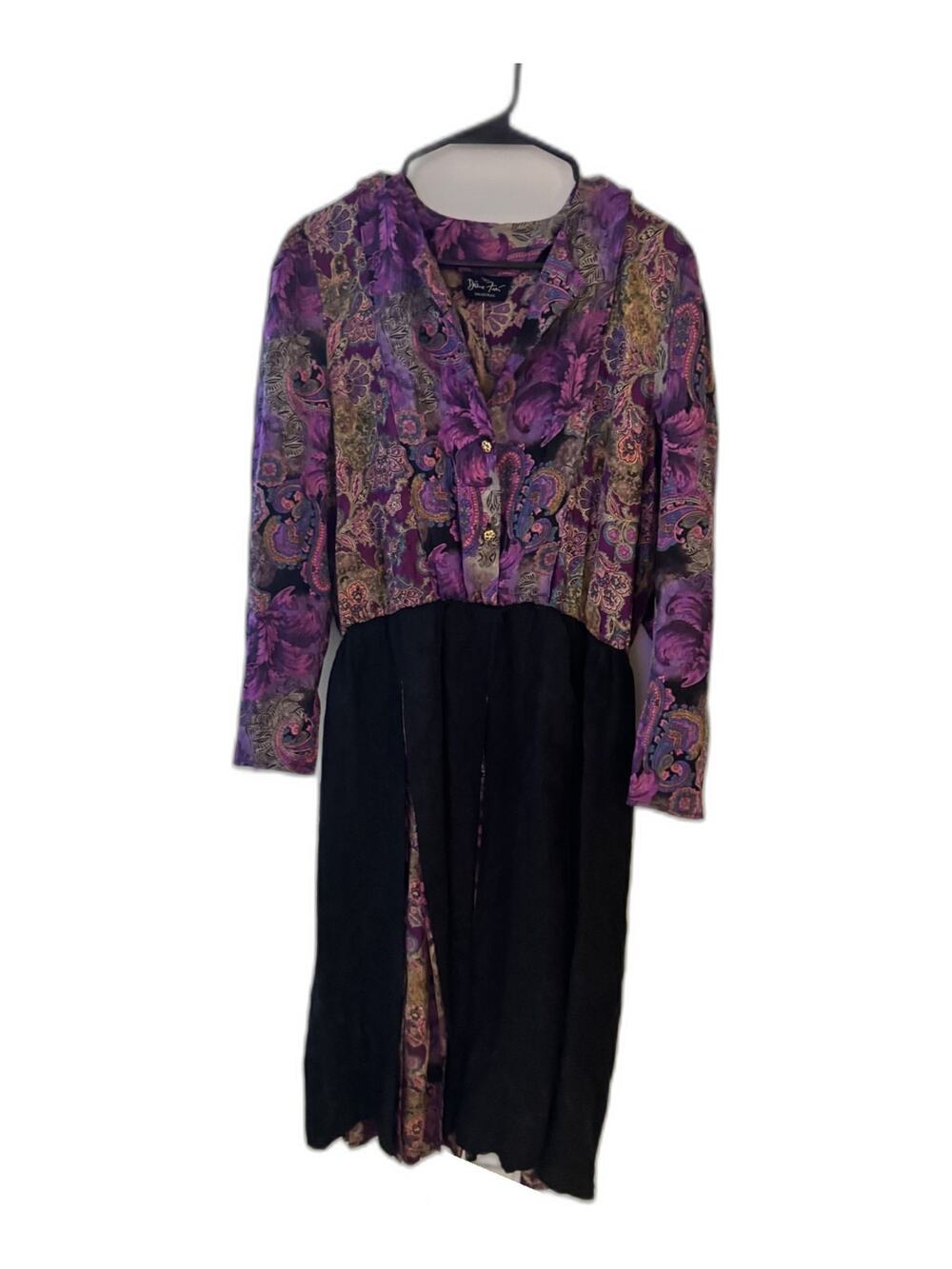 Diane Freis Original Vintage Dress Purple Paisley Black Jacquard Godet Skirt